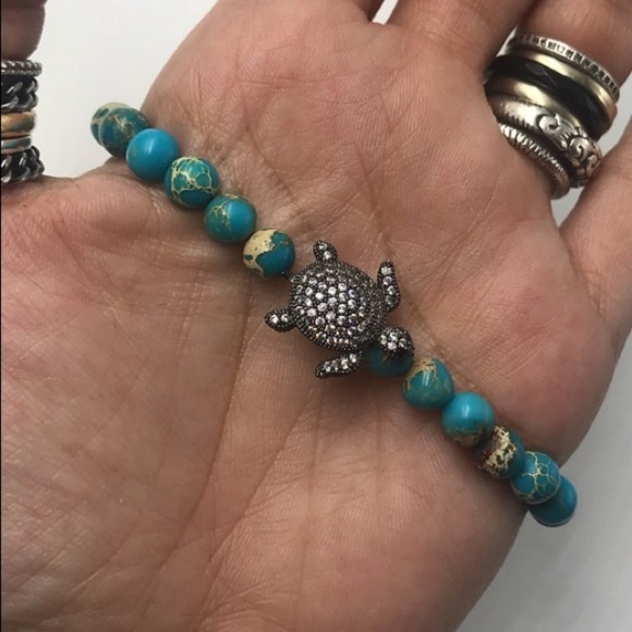 Blue sea jasper & black rodhium cz turtle bracelet - Picture 5 of 8
